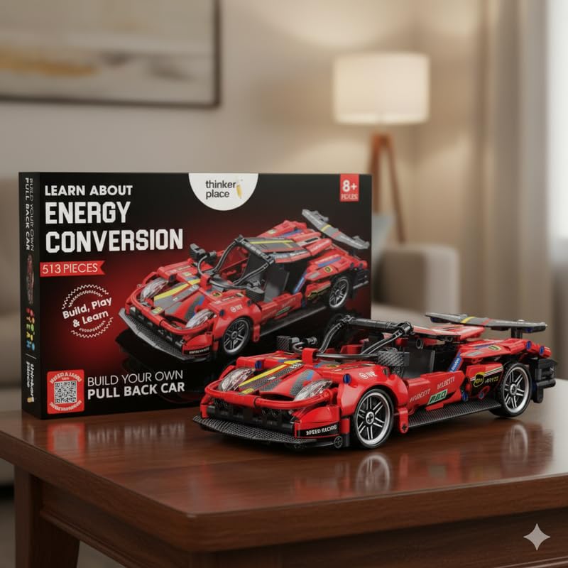 ThinkerPlace 1:18 DIY Blocks Pull-Back Car – Red | Buildable STEM Construction Racing Toy for Kids 8+