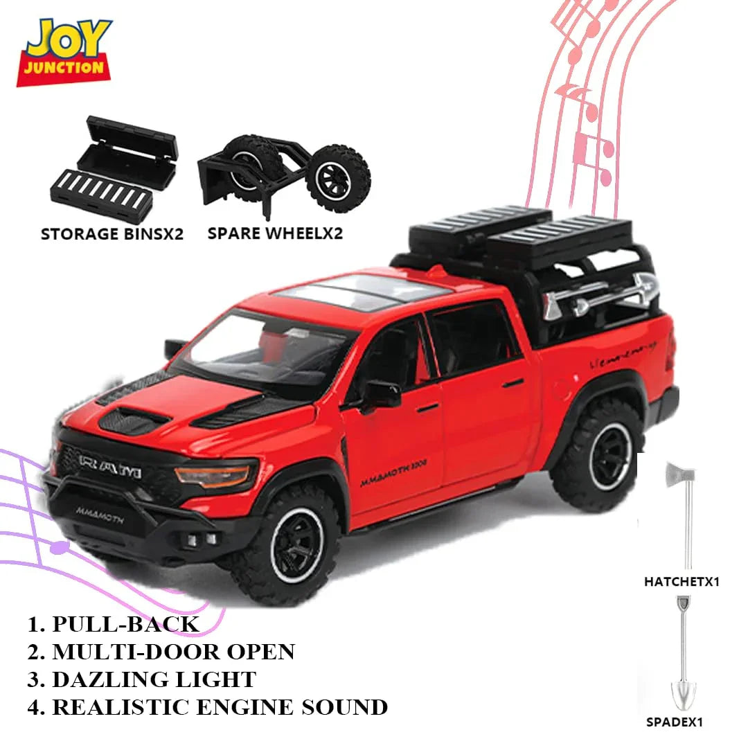 JOY JUNCTION RAM Mammoth Pick-Up 1:32 Scale Alloy Metal Pullback Die-Cast Car – Red Model with Lights, Music & Openable Doors - Jaiman Toys