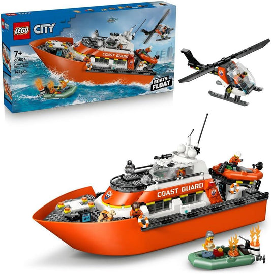 LEGO City 60504 Coast Guard Rescue Boat & Helicopter Toy - Emergency Vehicles Playset w/Model Floating Ship, 5 Minifigures & a Dog Figure - Birthday Gift for 7+ Year Old Boys