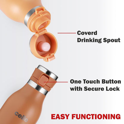 Cello 600ml Vacuum Insulated Stainless Steel Water Bottle | Hot & Cold Flask with One-Touch Lock & Leakproof Lid