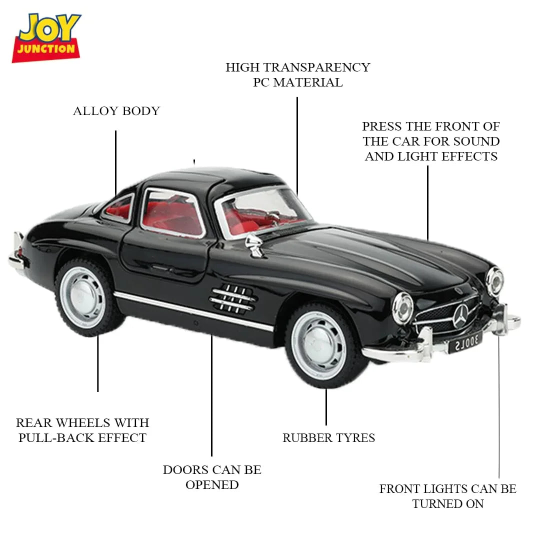 JOY JUNCTION Mercedes-Benz 300SL 1:32 Scale Alloy Metal Pullback Die-Cast Car – Black with Lights, Music & Openable Doors - Jaiman Toys