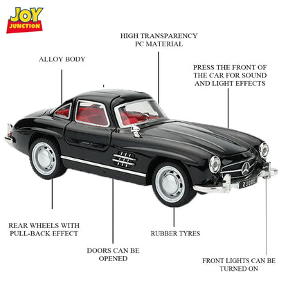 JOY JUNCTION Mercedes-Benz 300SL 1:32 Scale Alloy Metal Pullback Die-Cast Car – Black with Lights, Music & Openable Doors - Jaiman Toys
