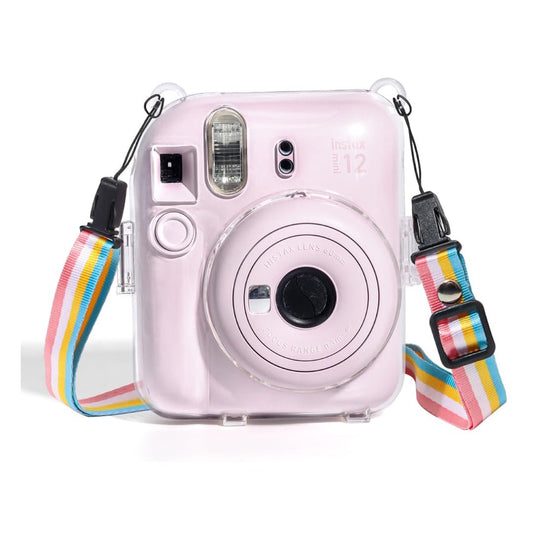 Accessories Bundle - Camera Case for  Fujifilm Instax Mini 12 (Crystel Clear) + Adjustable Rainbow Strap and Photo Pocket in Back + Case Decorative Stickers - Blossom Pink