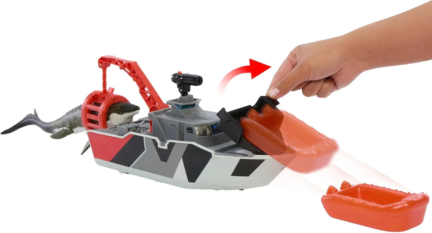 Matchbox JGG61 Jurassic World Jurassic World Playset with 12.5" Boat with 13" Mosasaurus 1:64 Scale Die-Cast Jeeps, Harpoon Missiles and Removable Rescue Boat
