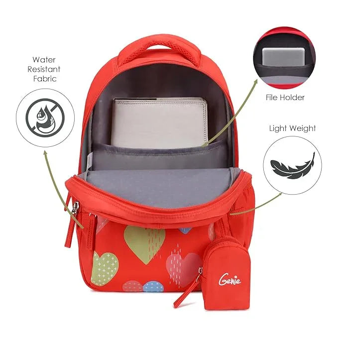 Genie Maisy Kids Backpacks, 15 inches, Cute, Colourful bags for girls, Water Resistant and Lightweight. 3 compartment with Happy Pouch - Jaiman Toys