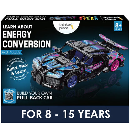 ThinkerPlace 1:18 DIY Blocks Pull-Back Car – Black & Blue | Buildable STEM Construction Racing Toy for Kids 8+