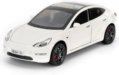 Joy Junction 1:24 Scale Tesla Model 3 Diecast Car Model with Sound & Light – Pull Back Metal Toy Car for Kids & Collectors (White)