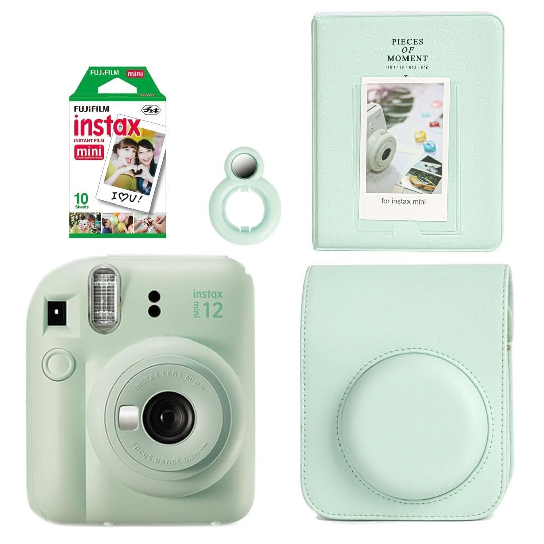 Fujifilm Instax Mini 12 Instant Camera + 10 Shot Films + PU Leather Camera Case + Instax Photo Album 64 Sheets + Closeup Selfie Lens (Mint Green, Mini 12)