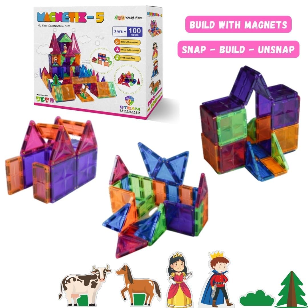 Zephyr Learning Steps Magnetix-5 Magnetic Tiles Building Set – 100 Pieces, Ages 3+