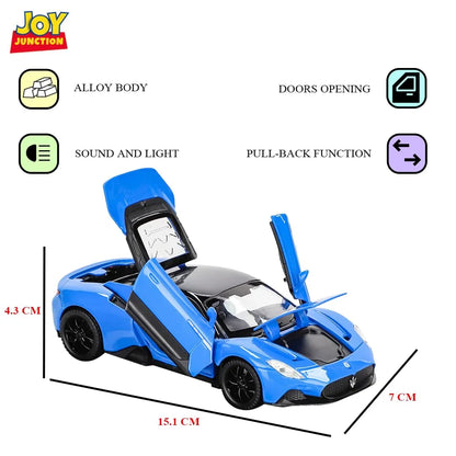 JOY JUNCTION Maserati MC20 1:32 Scale Alloy Metal Pullback Die-Cast Car – Yellow with Lights, Music & Openable Doors - Jaiman Toys
