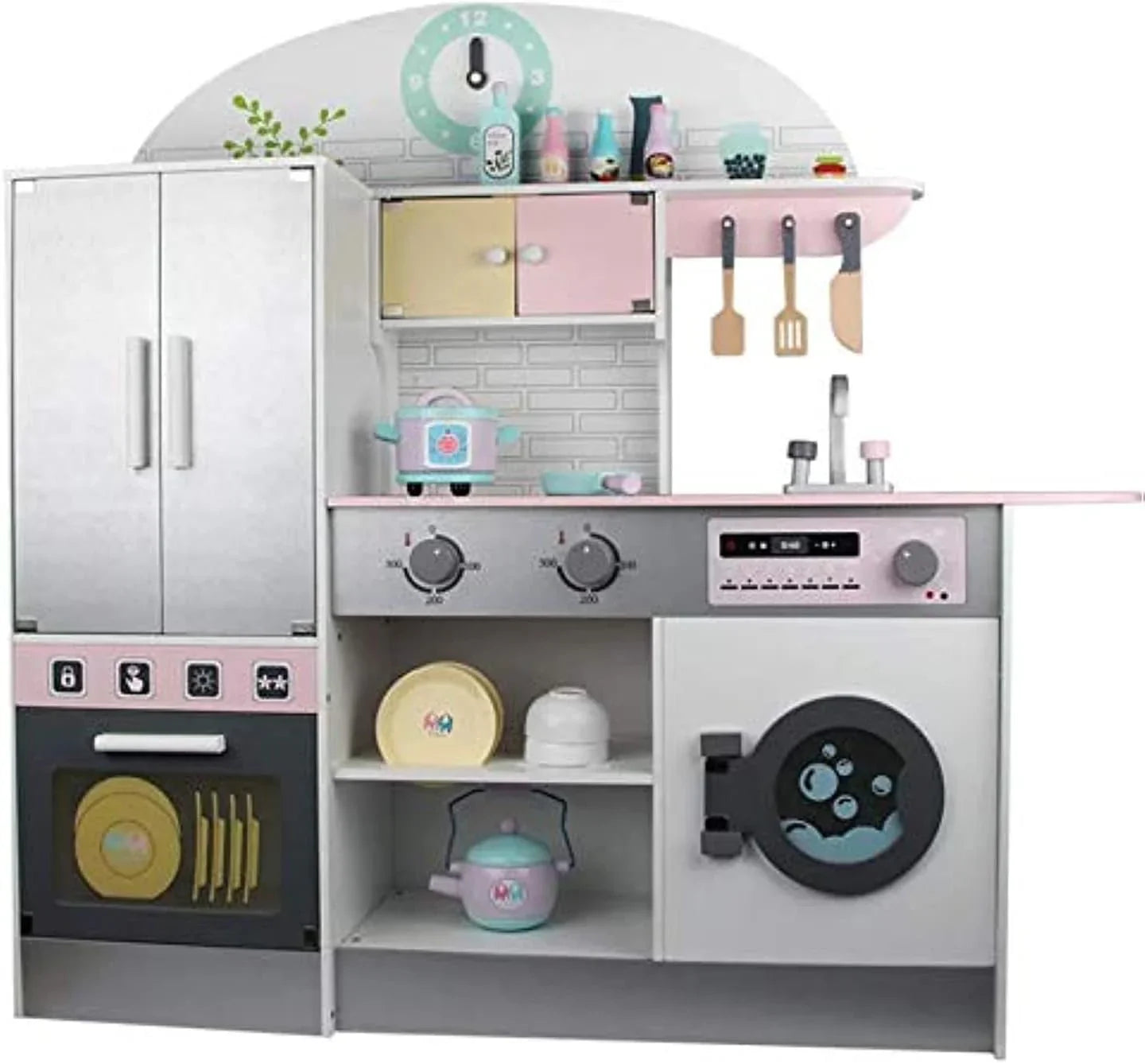 Breatoi Deluxe Wooden Pretend Play Kitchen Set with Utensils & Accessories – Pink & Silver - Jaiman Toys