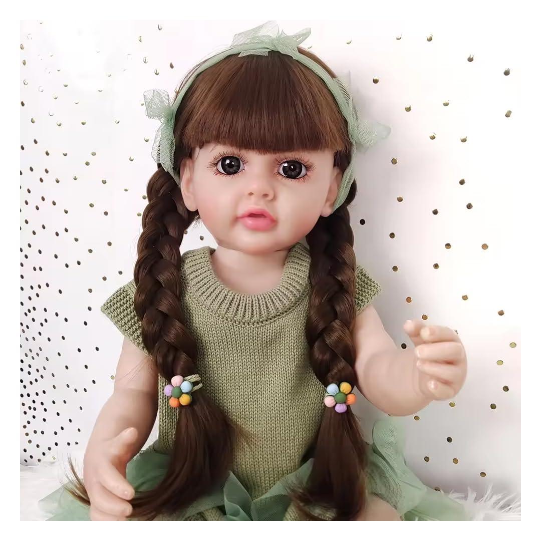 Lifelike Reborn Baby Girl Doll – Toddler with Realistic Sound & Brown Hair And Light Green Knitted Outfit With A Soft Net Skirt