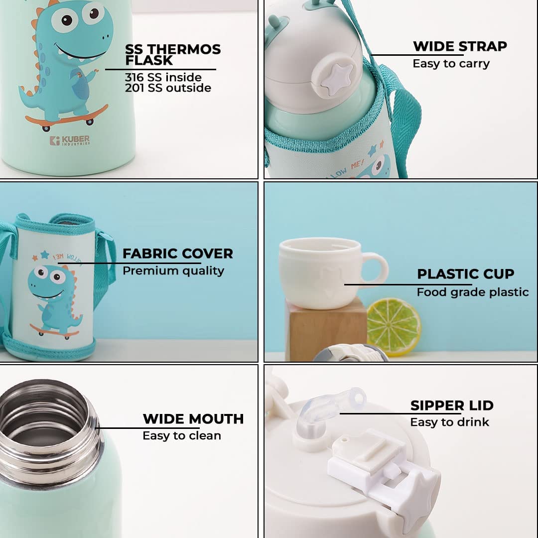 Kids Insulated Stainless Steel Water Bottle with Cup & Carry Pouch – Leakproof School Bottle (Dinosaur Design)