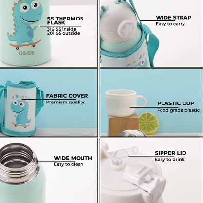 Kids Insulated Stainless Steel Water Bottle with Cup & Carry Pouch – Leakproof School Bottle (Dinosaur Design)