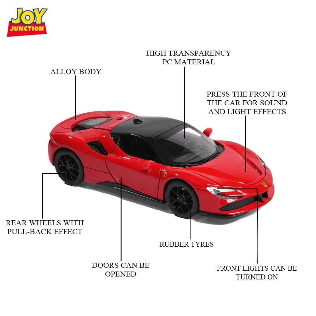 JOY JUNCTION Ferrari 1:32 Scale Alloy Metal Pullback Die-Cast Car – Red with Lights, Music & Openable Doors - Jaiman Toys
