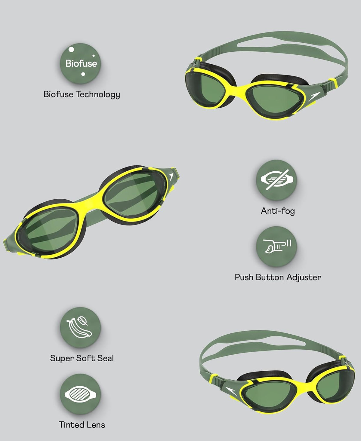 Speedo Unisex Adult Biofuse 2.0 Polarised Tint-Lens Swim Goggles - Black & Green