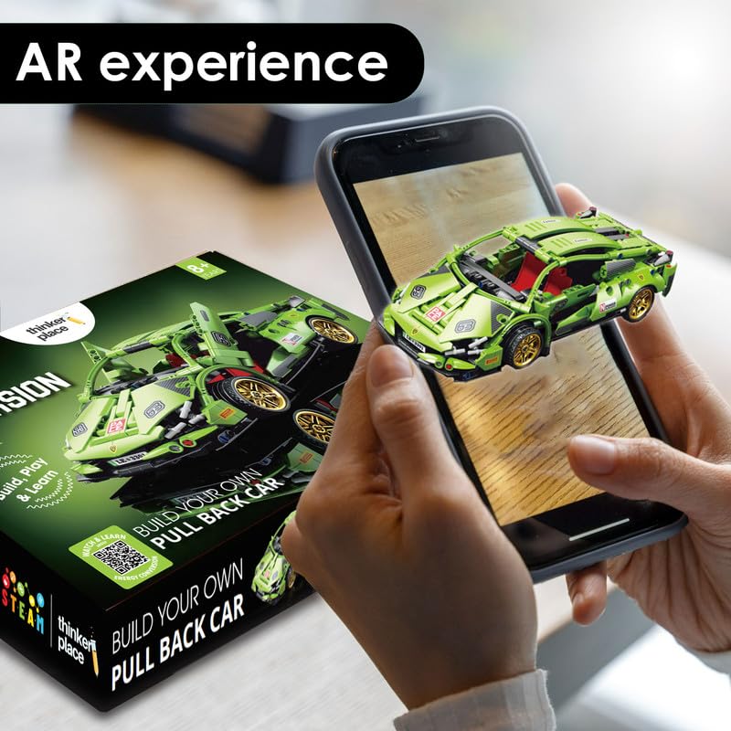 Thinker Place 1:18 DIY Blocks Pull-Back Car – Green | Buildable STEM Construction Racing Toy for Kids 8+