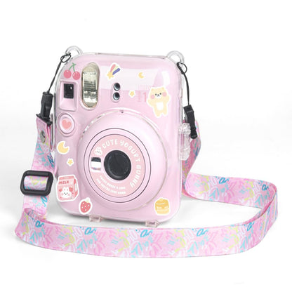 Accessories Bundle - Camera Case for  Fujifilm Instax Mini 12 (Crystel Clear) + Adjustable Rainbow Strap and Photo Pocket in Back + Case Decorative Stickers - Blossom Pink