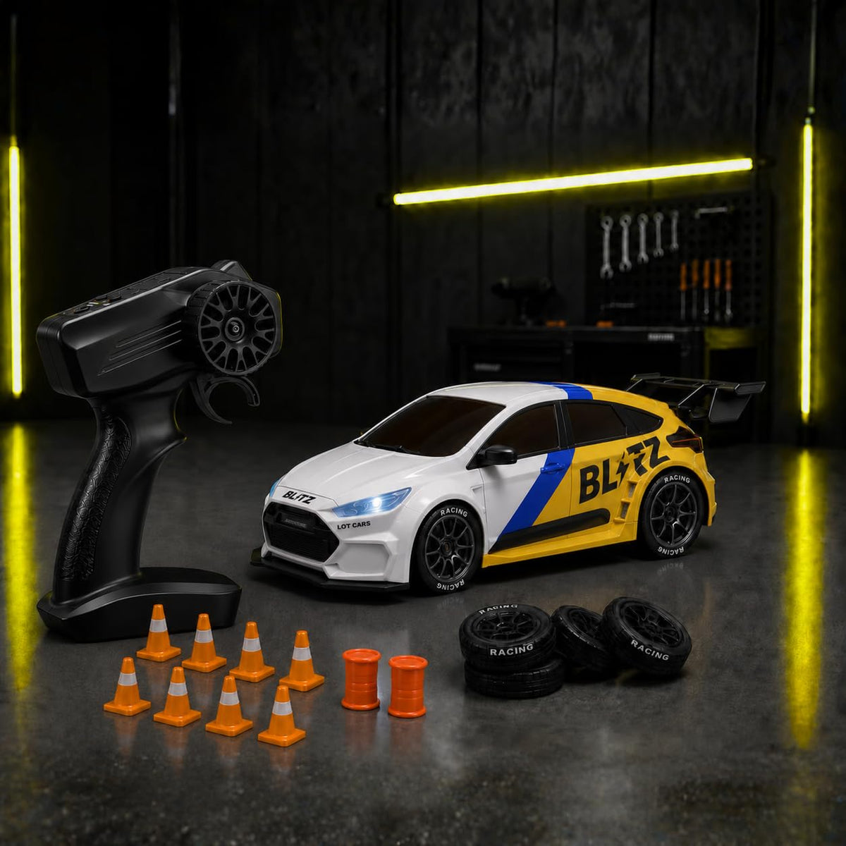 Blitz Remote Control Car with Exhaust Lights | 4x4 RC Drifting Car 20 km/h, 2.4GHz Wireless Remote, 100m Range, Race-Ready ABS Body | White