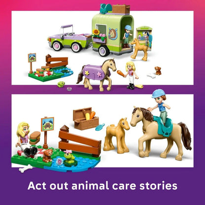 LEGO Friends 42695 Horse & Baby Foal Trailer - Horse Toy Playset w/Grooming Accessories, 4 Animal Figures, Car & 2 Mini Dolls - Birthday Gift Idea for 7+ Year Old Girls