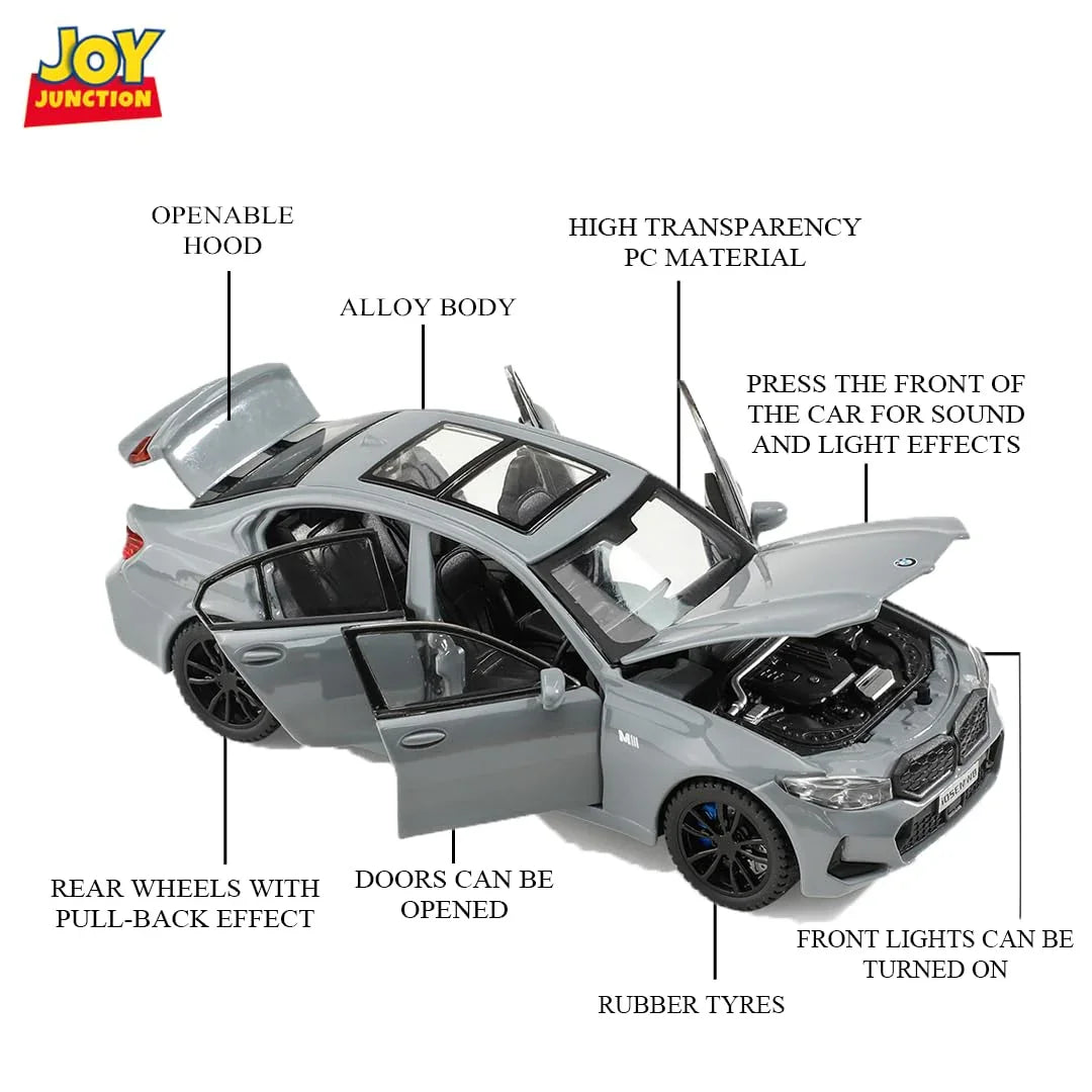 JOY JUNCTION BMW 3 Series 1:32 Scale Alloy Metal Pullback Die-Cast Car – Grey with Lights, Engine Sound & Openable Doors - Jaiman Toys
