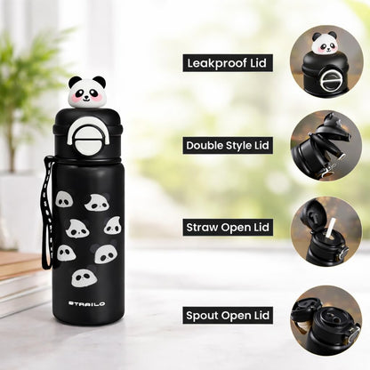 Panda Kids Water Bottle 500ML with Straw Lid – Leakproof Cartoon School Water Bottle for Children (Black)