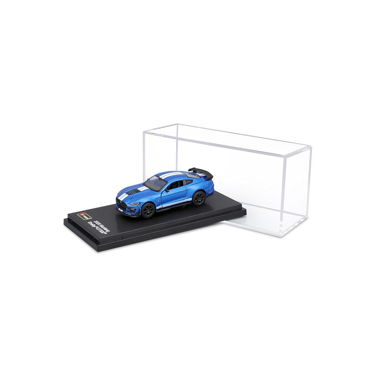 Bburago 1:64 2020 Ford Mustang Shelby GT500 Die-Cast Model Car | Metallic Blue with White Racing Stripes, Display Base & Collector Box | 14+