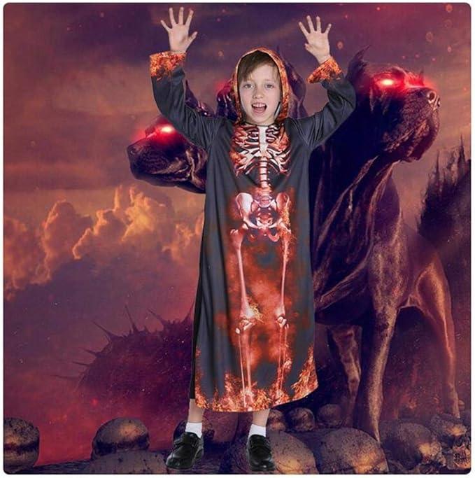 Kids’ Red Skeleton Hooded Robe Halloween Costume – Flame Skull Cosplay Outfit