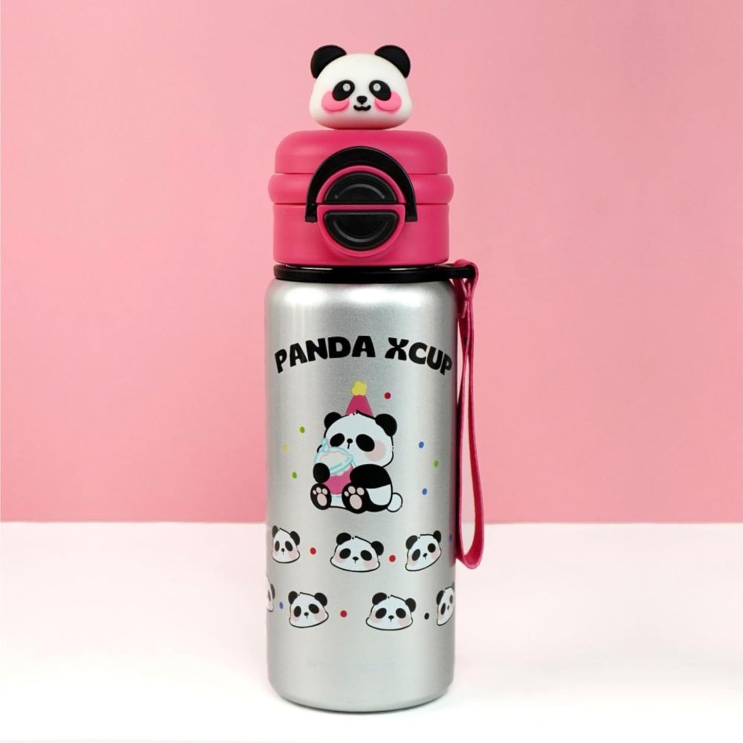 Panda Kids Water Bottle 500ML with Straw Lid – Leakproof Cartoon School Water Bottle for Children (Silver)