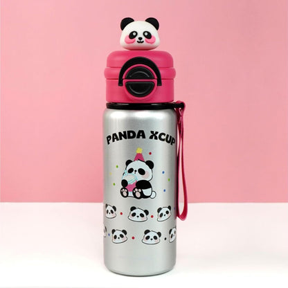 Panda Kids Water Bottle 500ML with Straw Lid – Leakproof Cartoon School Water Bottle for Children (Silver)