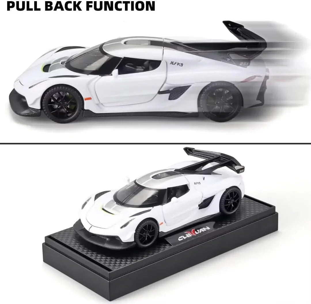 1:32 Koenigsegg Jesko Die-Cast Metal Model Car – Pull Back Toy Car with Openable Doors, Light & Music (White) - Jaiman Toys