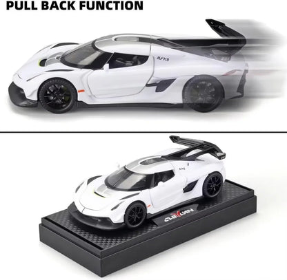 1:32 Koenigsegg Jesko Die-Cast Metal Model Car – Pull Back Toy Car with Openable Doors, Light & Music (White) - Jaiman Toys
