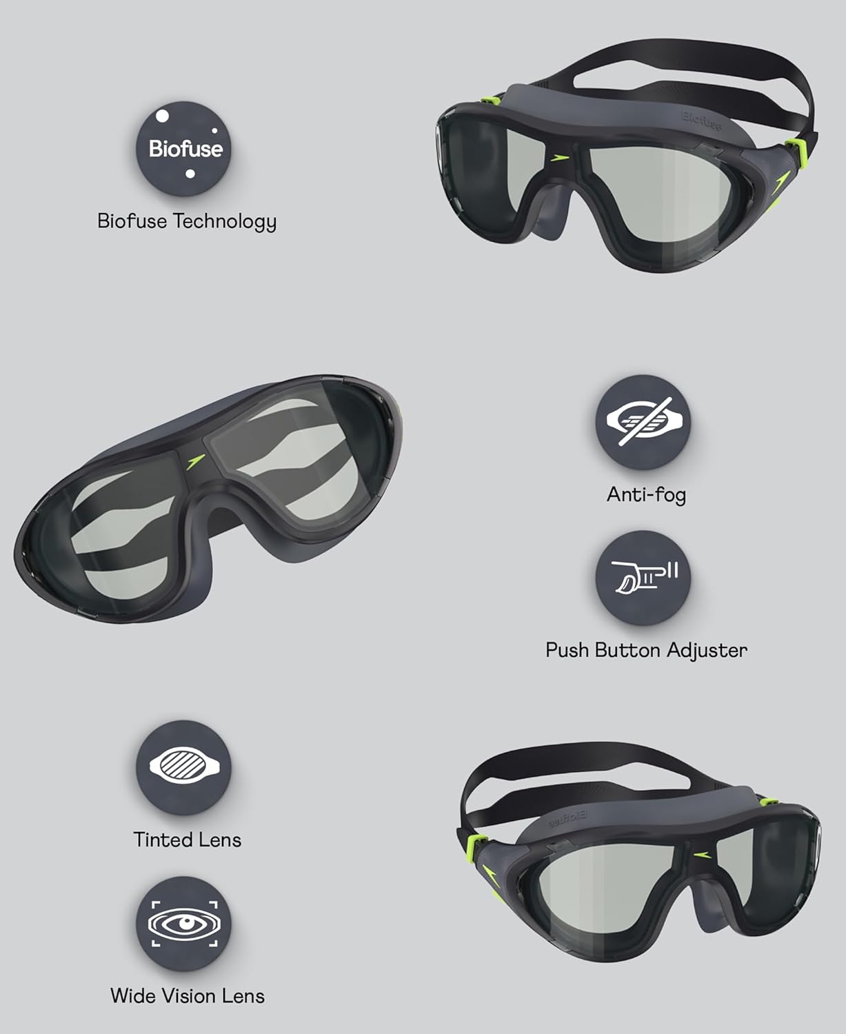 Speedo Rift Smoke Lens Swim Goggles – Unisex Adult Anti-Fog UV Protection Swimming Mask with Adjustable Strap