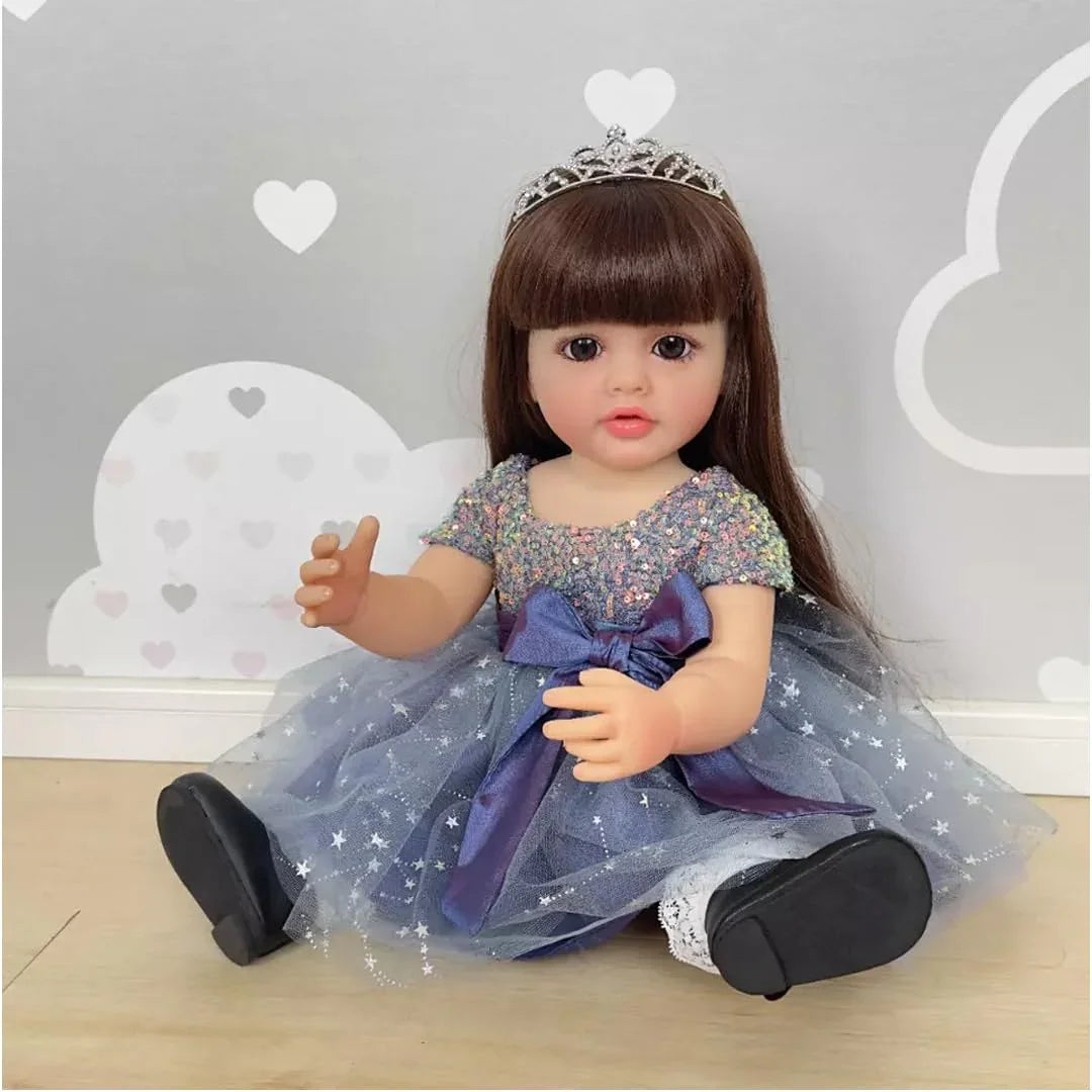 Lifelike Reborn Baby Girl Doll – Toddler with Realistic Sound & Brown Hair And  Purplish Grey OutFit