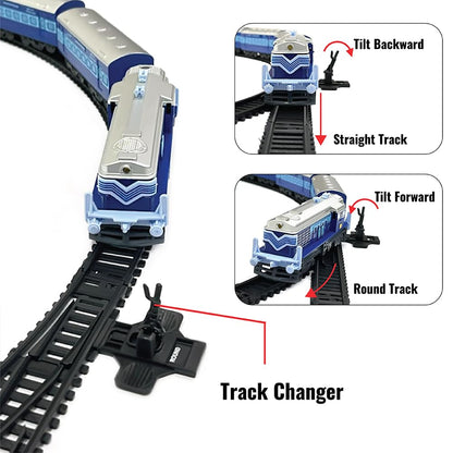 Centy 24-Piece Blue Battery-Operated Passenger Toy Train Set with LED Headlight, 5-Piece Train, Tracks & Manual Track Changer for Kids 3+