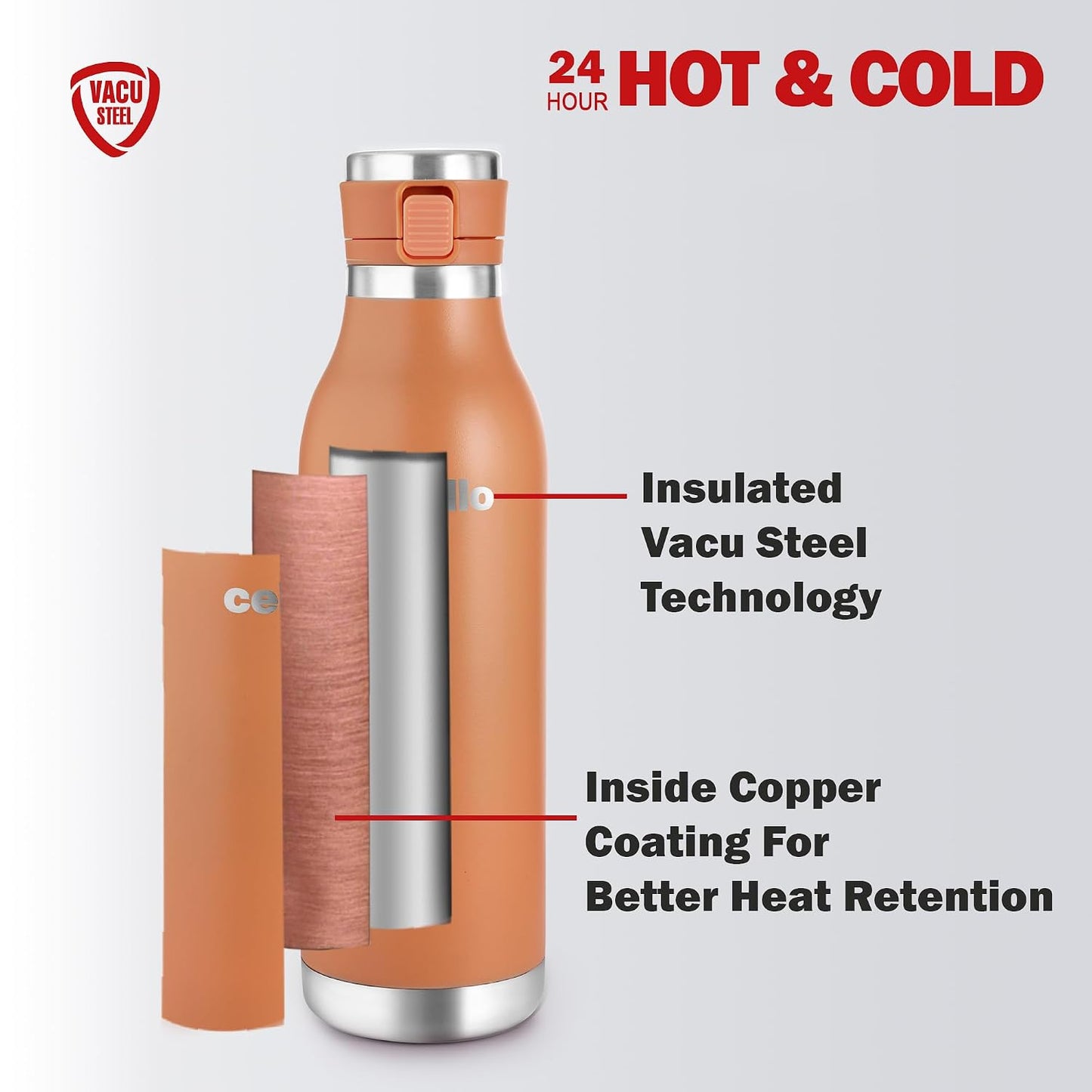 Cello 600ml Vacuum Insulated Stainless Steel Water Bottle | Hot & Cold Flask with One-Touch Lock & Leakproof Lid
