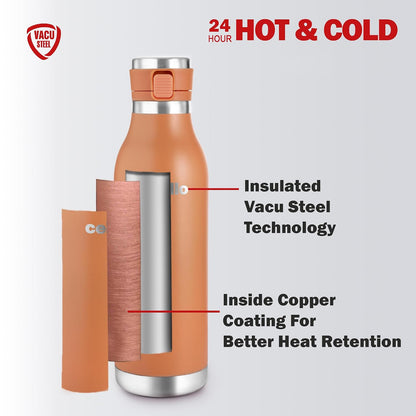 Cello 600ml Vacuum Insulated Stainless Steel Water Bottle | Hot & Cold Flask with One-Touch Lock & Leakproof Lid