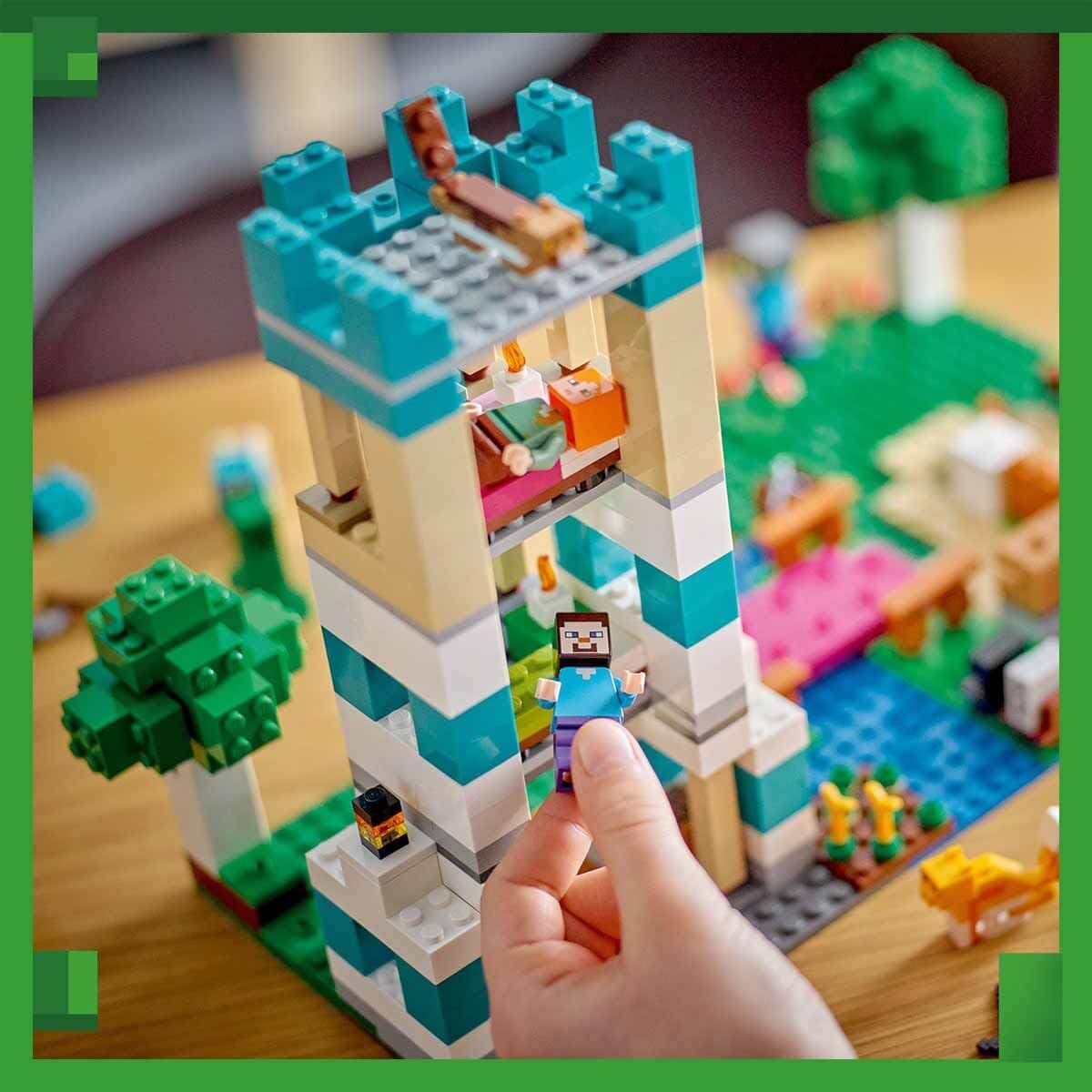 LEGO Minecraft 21249 Crafting Box 4.0: Build Your Adventure with Alex, Steve & Creeper Mobs – 2-in-1 River Tower or Cat Hut Fun