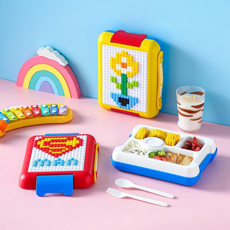 Kids DIY Pixel Art Lunch Box with Building Block Design Lid, 1.1L Capacity | Creative School Tiffin Box