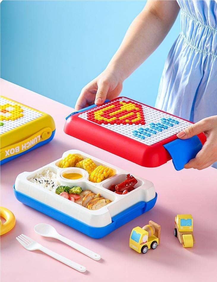 Kids DIY Pixel Art Lunch Box with Building Block Design Lid, 1.1L Capacity | Creative School Tiffin Box