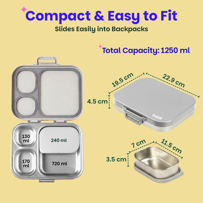 Basil Bento Box Quad Plus 1020ml Stainless Steel Lunch Box with Extra Container – Leak-Proof Tiffin Box for Kids & Adults