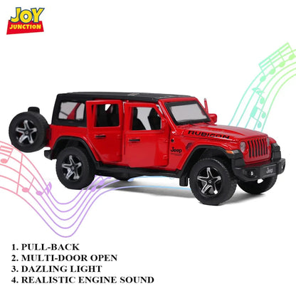JOY JUNCTION Jeep Rubicon 1:32 Scale Die-Cast Alloy Model Car with Pullback Action, Openable Doors, Light & Music – Red - Jaiman Toys