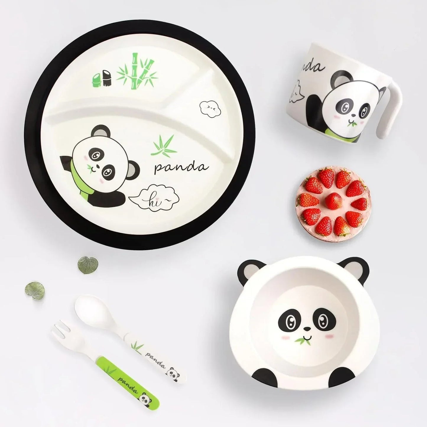 Bamboo Fibre Kids 5-Piece Panda Dinner Set with Plate, Bowl, Cup, Spoon & Fork | Cute Cartoon Feeding Tableware Set for Boys & Girls | Lightweight Reusable Kids Meal Set for Breakfast, Lunch & Dinner