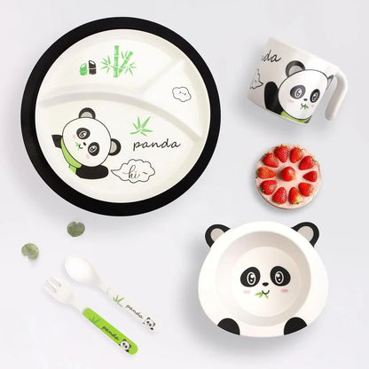 Bamboo Fibre Kids 5-Piece Panda Dinner Set with Plate, Bowl, Cup, Spoon & Fork | Cute Cartoon Feeding Tableware Set for Boys & Girls | Lightweight Reusable Kids Meal Set for Breakfast, Lunch & Dinner