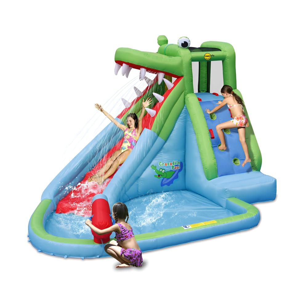 Happy Hop Crocodile Inflatable Water Slide Pool with Climbing Wall & S ...