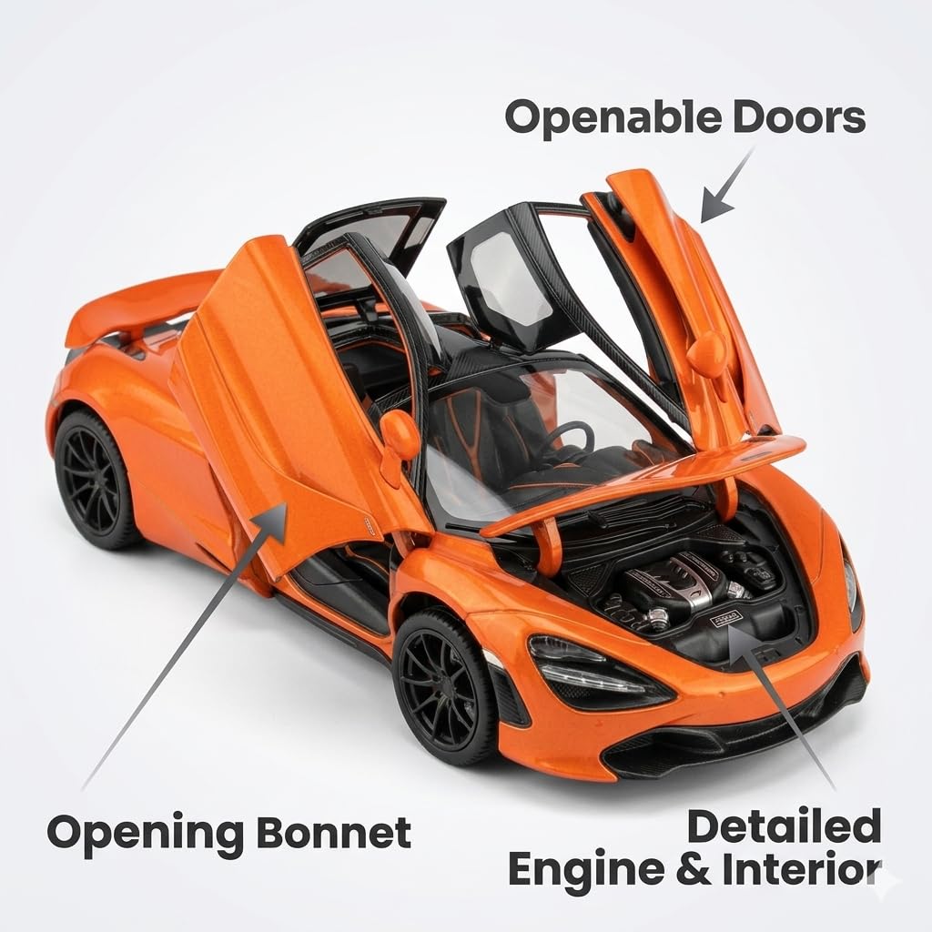Joy Junction 1:24 Scale McLaren 720S Die-Cast Model Car | Pull Back Sports Car with Sound & Light | Orange Collectible Toy Car