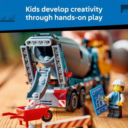 LEGO - 60478 City Cement Mixer Truck Toy - Educational Construction Site Vehicle Model w/ 3 Minifigures, Rotating Drum & Pouring Function - Birthday Gift Idea for 7+ Year Old Boys