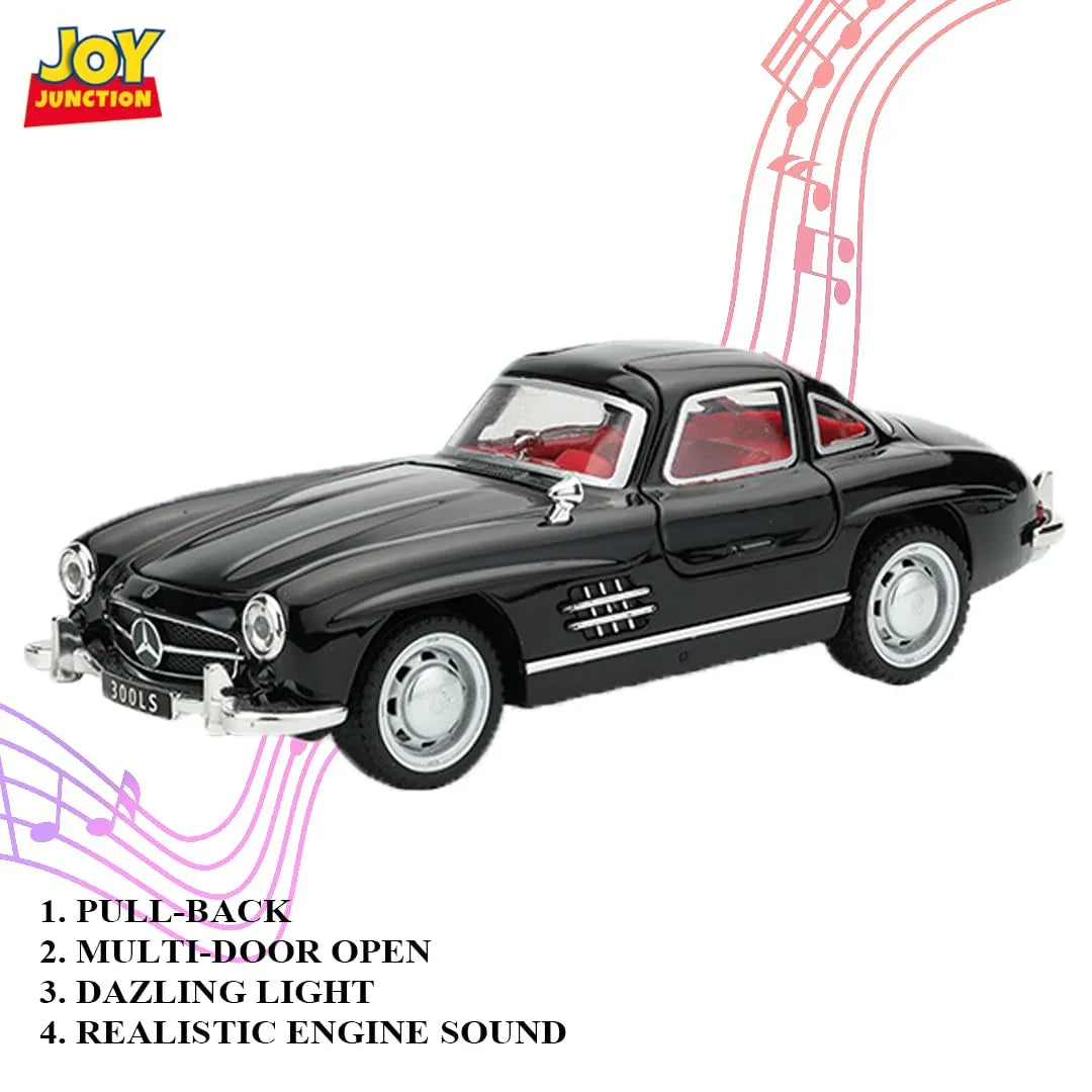 JOY JUNCTION Mercedes-Benz 300SL 1:32 Scale Alloy Metal Pullback Die-Cast Car – Black with Lights, Music & Openable Doors - Jaiman Toys