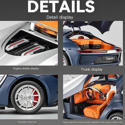 Joy Junction 1:24 Bugatti Chiron Atlantic Scale Die-Cast Model Car with Sound, Light & Pull Back Action – Premium Metal Hypercar Collectible (Silver/Black)