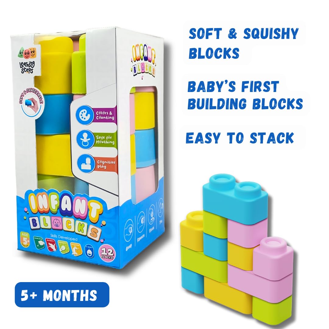 Zephyr Learning Steps Infant Building Blocks – 12 Soft & Squeezable Pieces, Ages 5 Months+